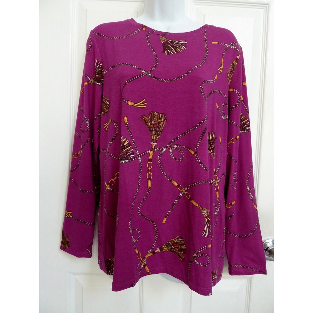*CHICO S Sz 2=12/14 Large Tassel & Chain Design Purple Old Money Top Tee*